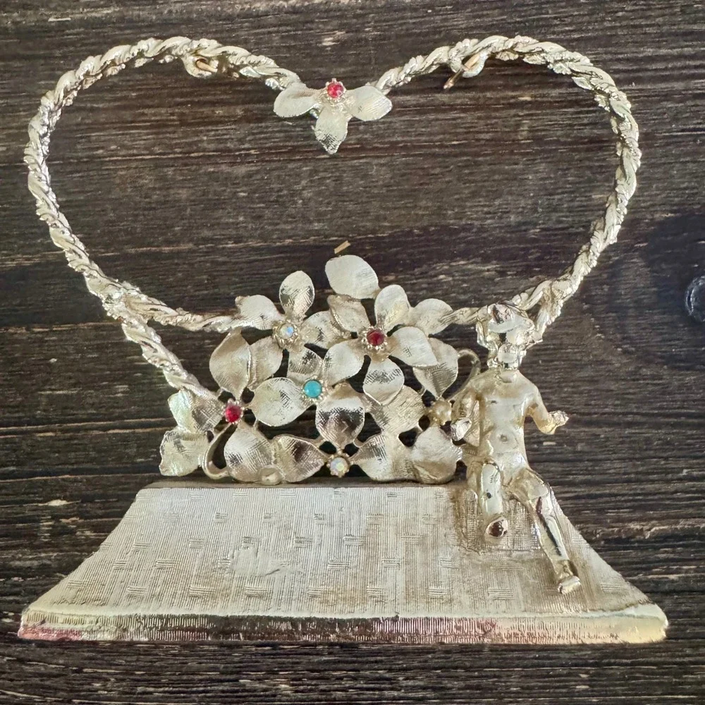 Vintage Gold Tone Heart Jewelry Stand Floral Cherub Rhinestone Vanity Organizer